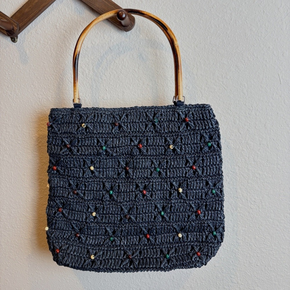 Talbots Tote Bag Black Woven Straw Beaded Bamboo‎ Handle